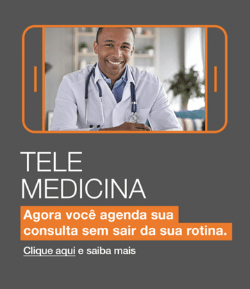Banner com fundo cinza, onde lê-se "Telemedicina, agora você agenda sua consulta sem sair da sua rotina. Clique aqui e saiba mais. Ao lado do texto, está a foto de um médico sorrindo.